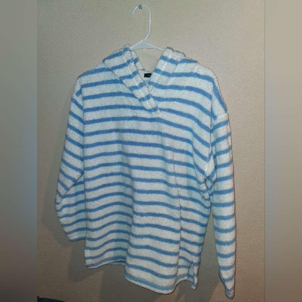 Boden Womans Blue White Striped Towel Hooded Shirt Nautical Resort M